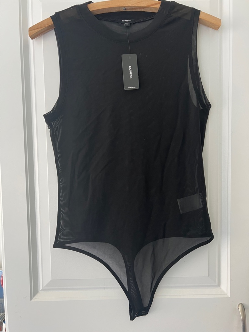 Express Black Thong Bodysuit Fitted Mesh Crewneck Sheer Size S and Size M - Picture 4 of 6